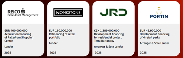 Výber realizovaných transakcií v oblasti realitného financovania pre spoločnosti REICO, Monkstone, JRD a Portin v roku 2025.